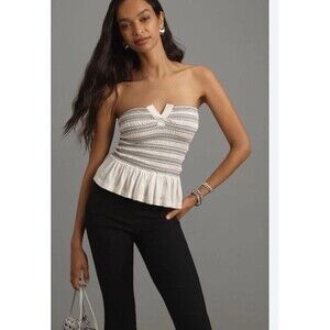 Anthropologie Maeve Smocked Split Tube Blouse Top Strapless Ruffle L NWOT